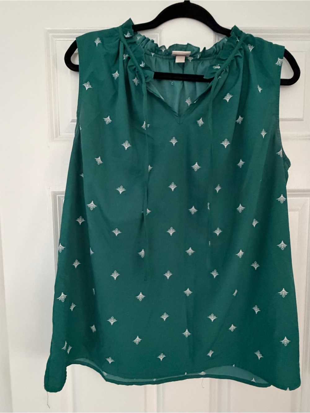 Merona Teal Sleeveless Ruffled V-Neck Tank with White Motif